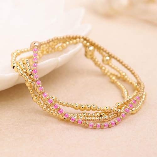 Gold Beaded Stackable Friendship Bracelets Set for Women, Handmade Boho Stretch Summer Jewelry Gift. - color: gold fuchsia
