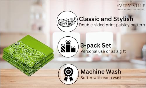 Classic Paisley Bandanas - 3 Pack Gift Set, 100% Cotton, 22x22 Inches - color: Lime Green