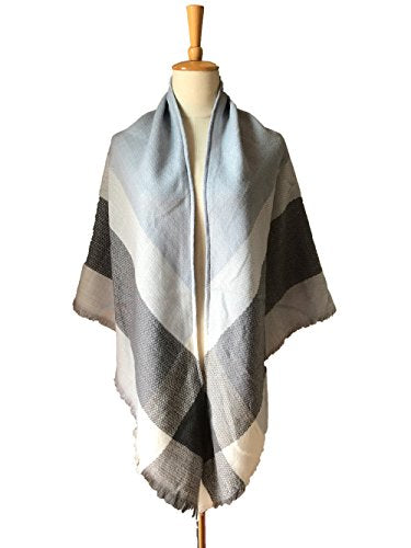 Wander Agio Womens Warm Long Shawl Winter Wraps Large Scarves Knit Cashmere Feel Plaid Triangle Scarf - color: Grey Light Blue 28