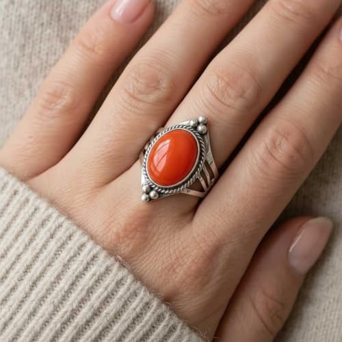 Handmade 925 Sterling Silver Plated Ring Natural Gemstone Carnelian, Rose Quartz, Tiger Eye, Crystal Oval Boho Jewelry For Women - color: Carnelian