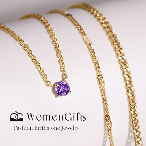 WomenGifts Layered Gold Necklaces for Women, 14K Gold Sterling Silver Plated Dainty Pendant Necklace Set Non Tarnish, Chunky Stackable Cuban Chain Choker, Trendy Birthstone Vacation Jewelry Gift - color: Gold, style: Cubic Zirconia-Created Amethyst-Feb