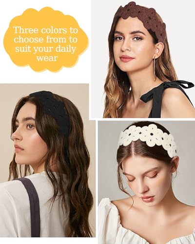 HAIMEIKANG Hippie Hair Bandanas Headbands for Women Boho Headband Knit Hair Bands Floral Head Wrap for Girls (Beige 2 + Black 2 + Brown 2) - color: Beige 2 + Black 2 + Brown 2