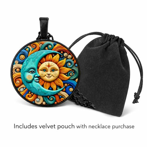 1pc Stunning Round Pendant Necklace - Unique Sun & Moon Pattern, Oil Painting Style Glass Mosaic, Alloy Construction, Trendy Sweater Chain, Fashionable Gift for Women - Christmas or Birthday Gift - color: Orange Sun/Blue Moon (Black)