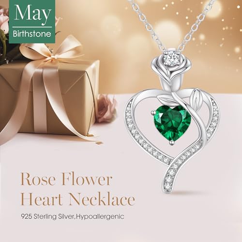 LOUISA SECRET Rose Flower Heart Birthstone Necklaces for Women, 925 Sterling Silver Jewelry, Pendant Heart Necklaces Birthday Anniversary Christmas Gift for Women Wife Mom Girlfriend Lady - color: White Gold-05-May