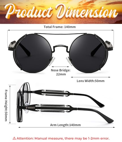 FEISEDY Aviator Sunglasses for Men Women, Retro Steampunk Gothic Round Metal Frame Hippie Glasses B2351 - color: Black Frame With Gray Lenses and Black Temples