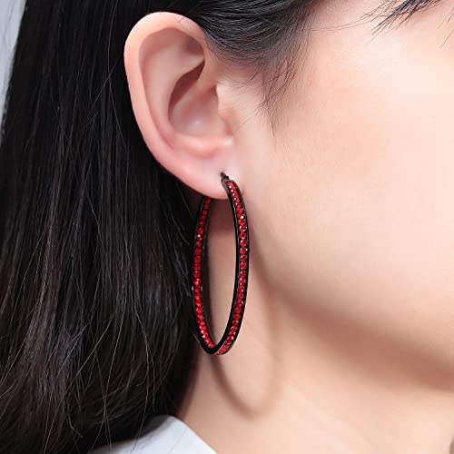 CiNily Mult-colors Crystal Stainless Steel Hoop Earring for Women Hypoallergenic Jewelry for Sensitive Ears Large Big Hoop Earrings 2" - color: Black Gold-Red