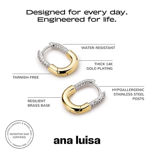 Ana Luisa Rectangle Hoop Earrings - Sterling Silver Base With 14K Gold & Silver Rhodium Plating - Chic, Dainty Mixed Metal Huggie Hoops - Hypoallergenic, Tarnish-Free, and Water-Resistant Hoops - color: Two Tone Cubic Zirconia