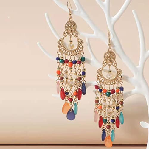 Long Beaded Tassel Earrings Bohemia Native Tassel Drop Earrings Handmade Seed Bead Tribal Dangle Earrings Boho Multicolor Crystal Beaded Tassel Earrings for Women (Colorful)