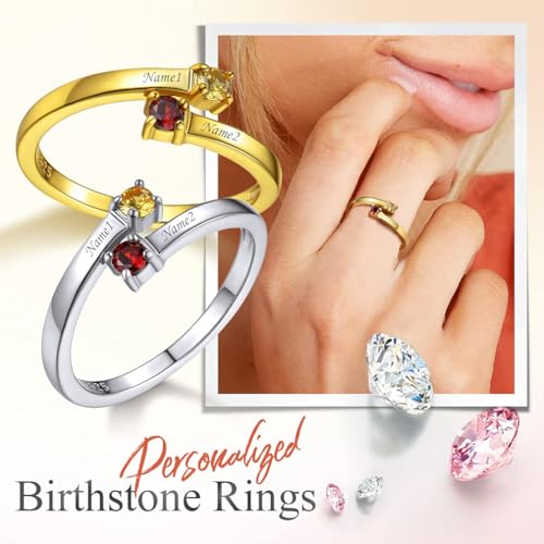 Custom4U Personalized 1-4 Birthstone Rings for Women Promise Rings for Her Sterling Silver Mothers Ring Customized Cubic Zirconia Stones Wedding/Valentine's Day/Mother's Day Jewelry Gift for Mom Wife - color: B-2 Names-Silver