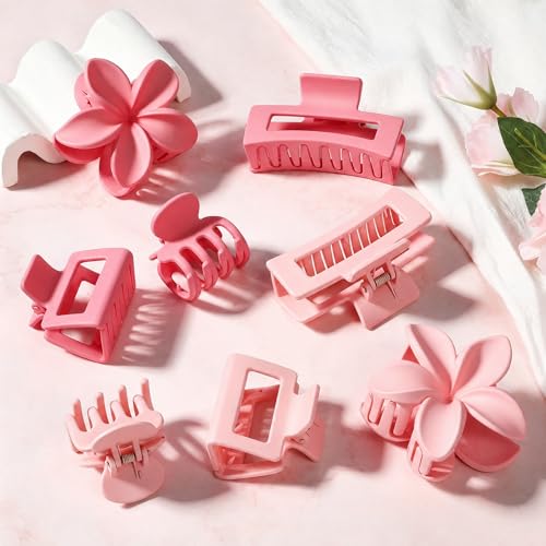 8 Pcs Matte Hair Clips for Women, Strong Hold Non-Slip Claw Clips for Girls, Flower Hair Clips for Thin Hair, Rectangle Claw Clips for Thick, Neutral Colors Hair Accessories Variety Pack（Pink） - color: Pink