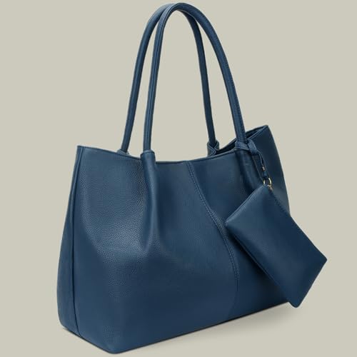 KKXIU Tote Bag for Women Vegan Leather Shoulder Purse Large Capacity Travel Bag - color: Navy