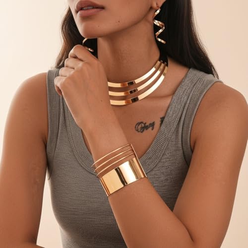 African Choker Necklace Bracelet Earrings Set for Women Dainty Chunky Gold Hoop Choker Necklace Wide Cuff Bangle Bracelets Exaggerated Ethnic Statement Jewelry Set for Women - style: AA