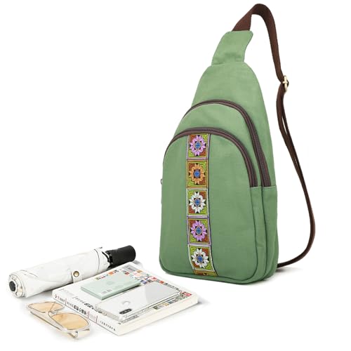 SILKAREA Canvas Sling Bag for Wome Crossbody Purse Small Sling Backpack Purse Travel Hiking Chest Bag Daypack - color: Dark Green