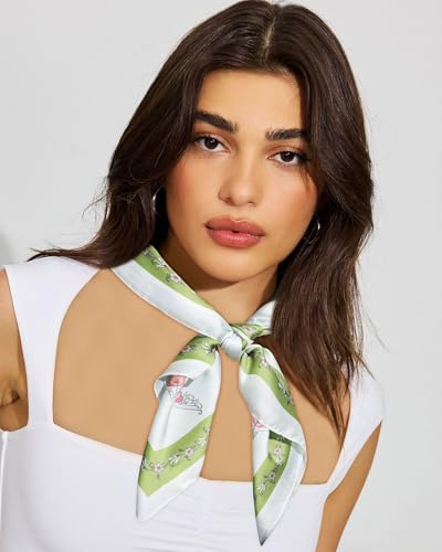 AWAYTR 27.5” Square Satin Head Scarf Hair Scarf for Women's Hair Silk Bandana for Women Silk Head Wrap for Sleeping - color: Flowers (Light Green)