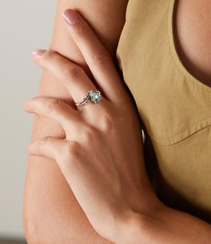 Genuine Turquoise Ring for Women Western Oval Gemstone Jewelry 925 Sterling Silver Leaf Bohemian Boho for Her Wife Mom - color: Moss Agate