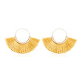 Bohemian Silky Thread Tassel Strand Fringe Statement Hoop Earrings - Lightweight Semi Circle Fan Threader, Mermaid Hoops - color: Halfmoon Tassel Hoops - Mustard
