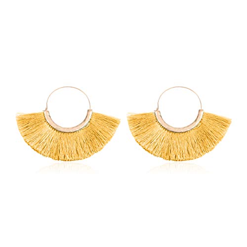 Bohemian Silky Thread Tassel Strand Fringe Statement Hoop Earrings - Lightweight Semi Circle Fan Threader, Mermaid Hoops - color: Halfmoon Tassel Hoops - Mustard