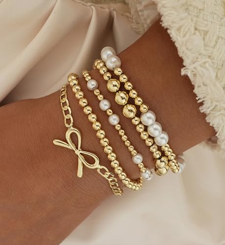 Gold Beaded Bracelets for Women, 14K Real Gold Plated Jewelry for Women Dainty Pearl Bead Bracelets Stack, Non Tarnish Trendy Stackable Ball Cross Stretch Bracelet Set Fashion Accessories Gifts - color: Gold bead & Bow chain