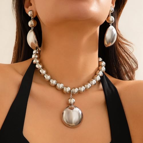 Gold Jewelry Set Chunky Gold Necklace Earring Set for Women Boho Oval Acrylic Earring Necklace Western Adjustable Choker Necklaces Bohemian Jewelry Set For Women - color: Silver Ball