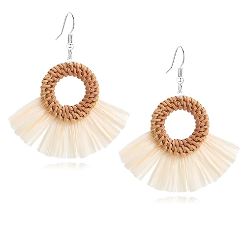 Boho Summer Beach Earrings for Women Lightweight Straw Wicker Earring Statement Raffia Fan Round Tassel Dangle Drop Earrings Hawaii Jewelry - style: White Round