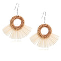 Boho Summer Beach Earrings for Women Lightweight Straw Wicker Earring Statement Raffia Fan Round Tassel Dangle Drop Earrings Hawaii Jewelry - style: White Round