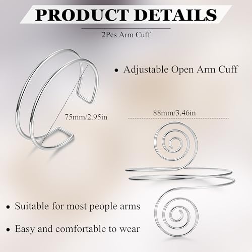 2Pcs Arm Cuff Gold Upper Arm Cuff for Women Adjustable Upper Arm Bracelets Open Irregular Arm Bangle Minimalist Coil Swirl Armlets Armband Jewelry - style: styleA silver