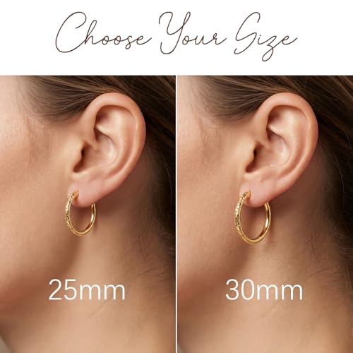 Gold Hoop Earrings 14K Gold Earrings for Women 14K Gold Hoop Earring for Women Leaf-Inspired Engraved Texture Hoops Earring for Womens Hoops 25/30MM - size: 25MM