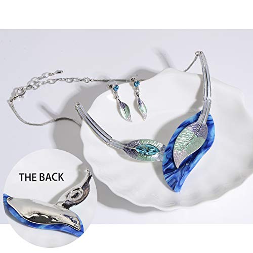 AMYJANE Vintage Statement Jewelry Set - Spring Leaf Flower Floral Plant Necklace Earring Set Crystal Rhinestone Fashion Costume Jewelry for Women Prom Party Unique Gift - style: 2 Leaves Jewelry Set Blue