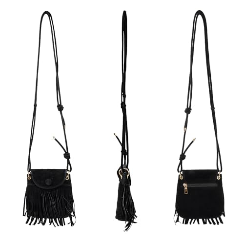 Women Leather Fringe Messenger Bag Mini Hobo Crossbody Tassel Shoulder Bags - color: Suede Black