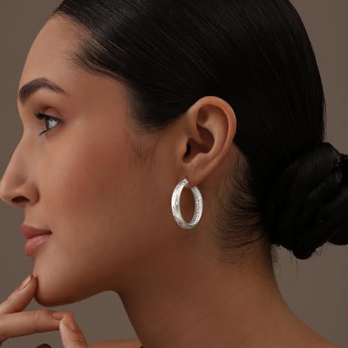 LeCalla 925 Sterling Silver Hoop Earrings for Women | 14K Gold-Plated & Rose Gold-Plated Diamond-Cut Hoop Earrings | Textured Click-Top Hoops Earring Jewelry - color: Silver Double DC-30MM