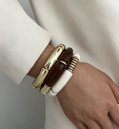 iF YOU 6pcs Chunky Acrylic Bangle Bracelets for Women, Resin Bamboo Brown Stretchy Bracelet Stack, Fashion Jewelry for Women - color: 6 Clear white brown bracelets