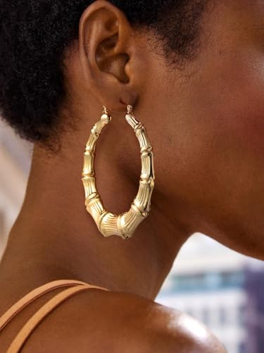 U7 Bamboo Earrings for Women 18K Gold Plated/Stainless Steel/Personalized Black Statement Extra Large Hoop Earrings 80s 90s Custom Name Huggie Earrings for Party Fashion Jewlery - color: 01.Gold, size: 70 MM