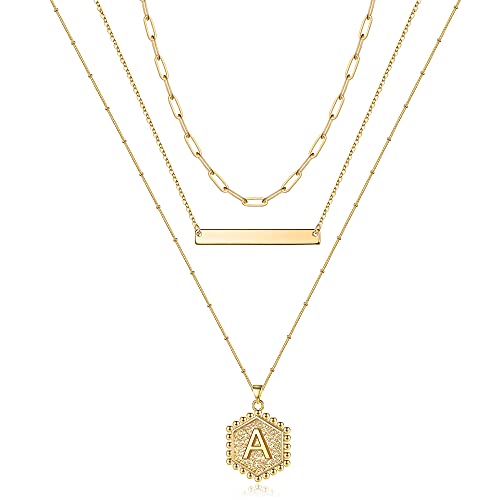 Turandoss Layered Initial Necklaces for Women, 14K Gold Plated Bar Necklace Handmade Layering Hexagon Letter Pendant Beads Chain Necklace Layered Necklaces for Women Jewelry Gifts - style: A.