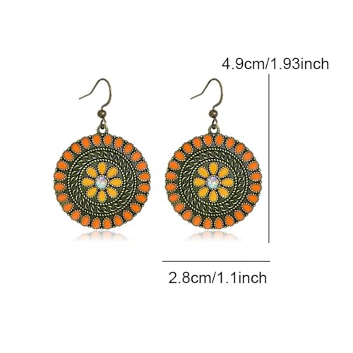 MALOYANVE Vintage Boho Circular Flower Dangle Earring, Handmade Bronze Tribal Round Enamel Floral Drop, Bohemian Ethnic Statement Jewelry Gift for Women - color: Orange