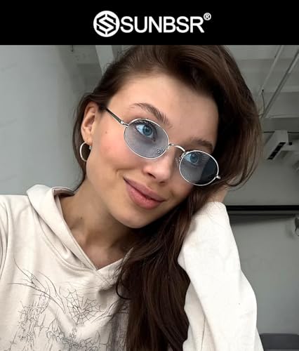 Retro Oval Sunglasses for Women Men 90s Trendy Small Round Gold Sun Glasses Fashion Narrow Metal Frame Shades - color: Silver/Blue