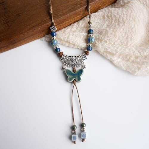 Boho Colorful Ceramic Bead Necklace for Women, Butterfly Pendant Necklace, Handmade Bohemian Statement Jewelry Gifts for Mom - color: Blue