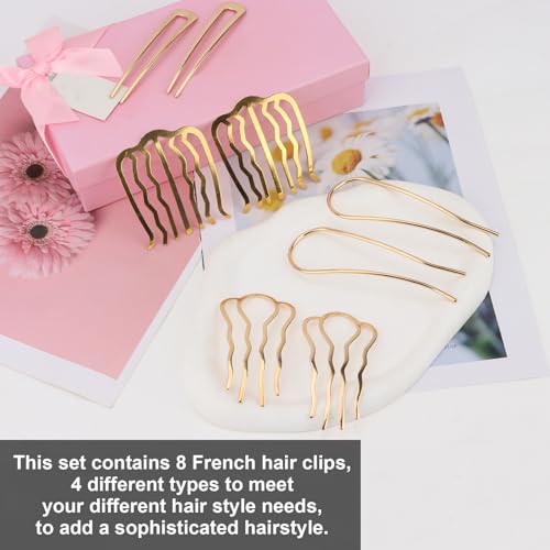 French Hair Pin, 8 PCS Gold Hair Pins for Women Metal Hair Side Combs, French Pins Hair, U Shaped Hair Pins for Buns Updos, French Pins Hair Stick Pin Hair Combs for Styling Hairpin Hair Accessories - color: Gold