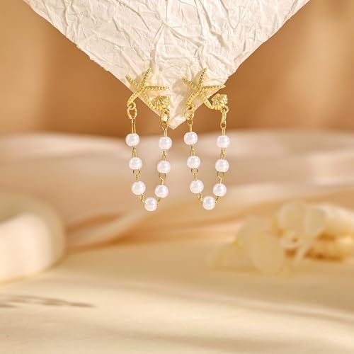Freekiss Gold Chain Studs Earrings for Women Trendy: Hypoallergenic 14K Gold Plated Dangle Earrings Dainty Small Long Chain Earring Set Fashion Gold Jewelry for Women - style: Starfish chain earrings-GD