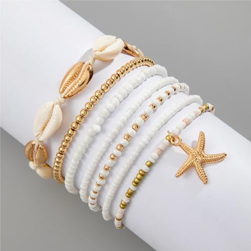 Beach Bracelets for Women Bohemian Stackable Heishi Surfer Bracelet Set Elastic Seashell Starfish Boho Friendship Bracelets for Summer Beach Party Holiday Vacation Jewelry - color: Starfish-7CPS
