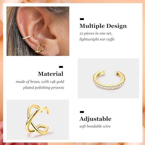 Dochais 9Pcs Ear Cuff 14K Gold Plated Cuff Earrings Gold Ear Cuffs Non Pierced Ear Clips Cartilage Earring Fake Earrings - style: B-12pcs-Gold