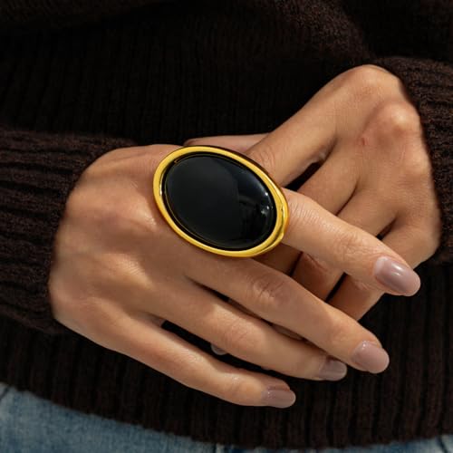 Gold Black Chunky Statement Rings for Women,Vintage Boho Oval Geometric Resin Knuckle Ring,Dainty Wedding Festival Jewelry Gift