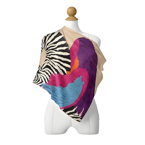 Premium Floral Scarf for Women 35x35 Square Silk Feel-Lightweight Scarves Headscarf Bandanas Wrapping Handbag - color: Zebra Pegasus (Cream/Pink/Purple)