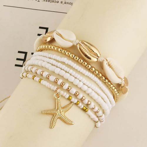 Shell Anklets Bracelet for Women Waterproof Surfer Starfish Bracelet Puka Shell Anklet Colorful Boho Stack Stretch Bead Bracelet Set Hawaii Summer Beach Vacation Foot Jewelry - color: White