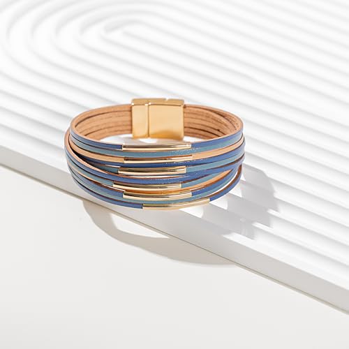 FANCY SHINY Boho Leather Bangle Bracelets Stackable Noodle Tube Bracelets Layered Wrap Cuff Bracelets with Magnetic Clasp - color: Blue
