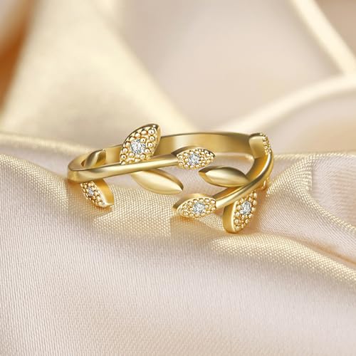 Gold Rings for Women Non Tarnish, 18K Gold Plated Trendy Stackable Gold Rings, Adjustable Open Statement Rings with Cubic Zirconia - color: Leaf Rings