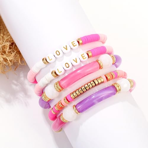 Elegance 11 designs colorful bracelets for women Surfer Thick Tube Heishi Summer Beach Beaded Stackable Boho Stretch Bracelets - color: Bright Red