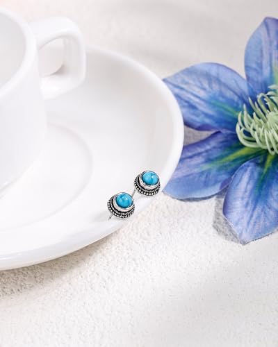 Tibetan Turquoise Earrings 925 Sterling Silver Post Stud Boho Gemstone Hypoallergenic Handmade Earrings for Women Trendy Fashion - style: Round