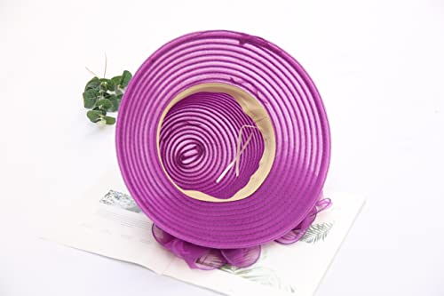 Women's Kentucky Derby Church Dress Hat Wide Brim Leaf Flower Bridal Shower Hat - color: 01 Purple