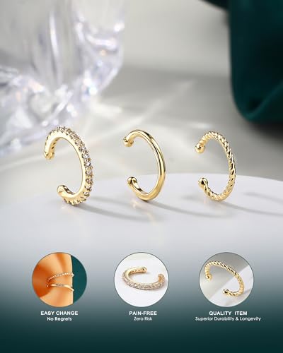 COCHARM 3PCS Ear Cuffs Non Piercing,14K Gold Plated Fake Helix Conch Earrings for Women, Surgical Steel Ear Cuff Cartilage Hoop Earrings