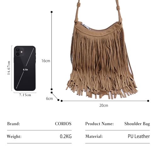 CORIOS Women's PU Leather Shoulder Bag Bohemian Fringe Crossbody Bag for Women Stylish Tassel Design Tote Handbag - color: Khaki